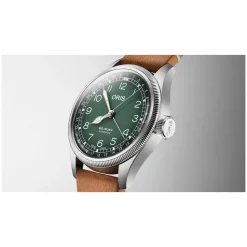 Oris Big Crown 38mm Green Dial Steel Case Tan Strap Watch