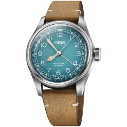 Oris Big Crown 38mm Light Blue Dial Steel Case Tan Strap Watch