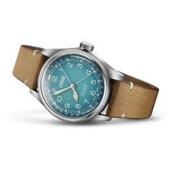 Oris Big Crown 38mm Light Blue Dial Steel Case Tan Strap Watch