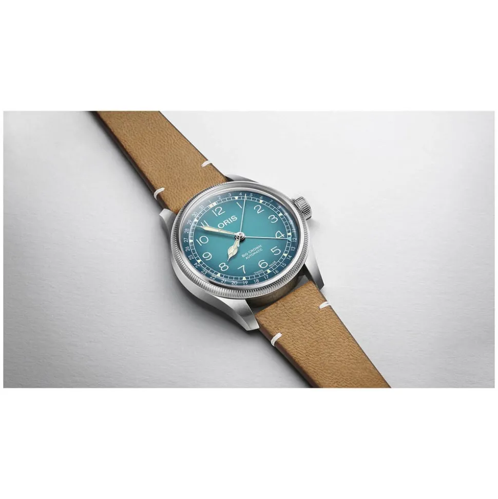 Oris Big Crown 38mm Light Blue Dial Steel Case Tan Strap Watch