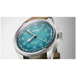 Oris Big Crown 38mm Light Blue Dial Steel Case Tan Strap Watch