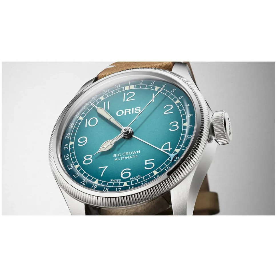 Oris Big Crown 38mm Light Blue Dial Steel Case Tan Strap Watch