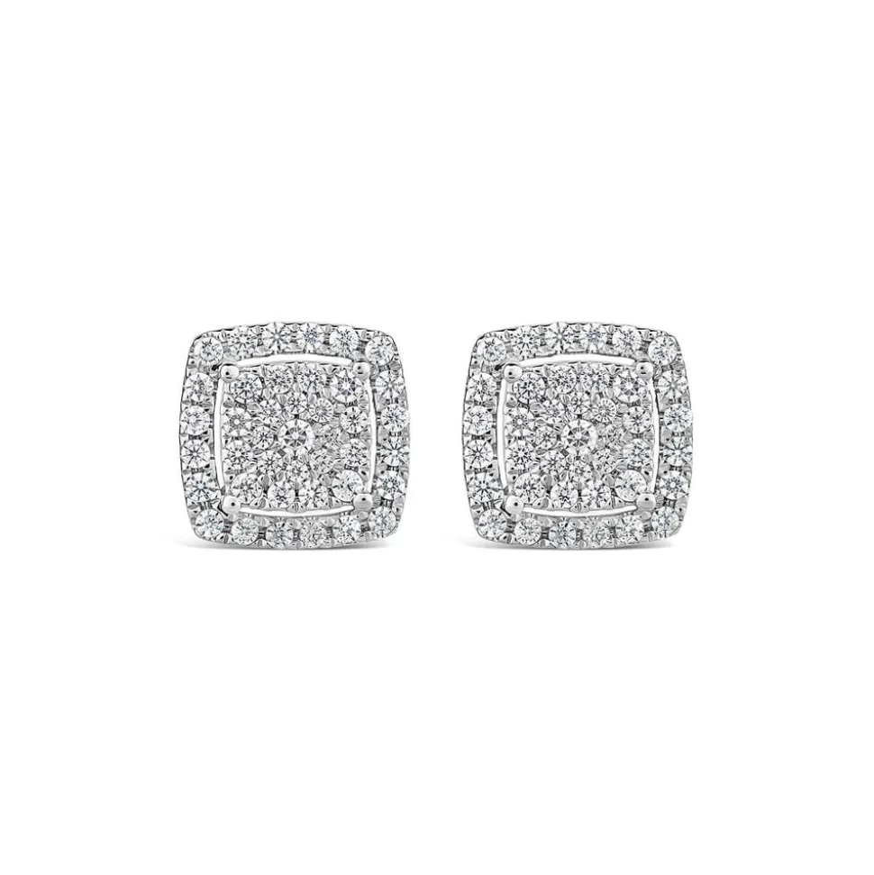 Platinum 0.50 Carat Square Cluster Halo Stud Earrings