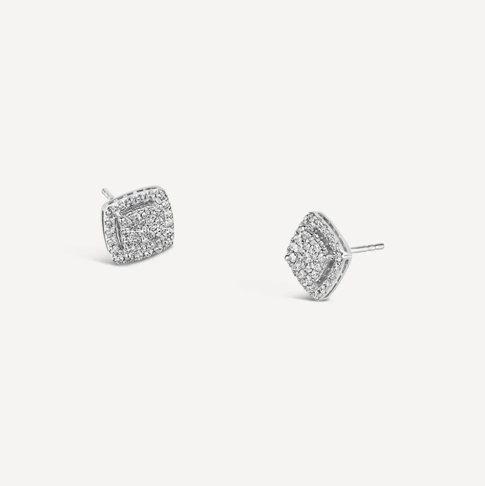 Platinum 0.50 Carat Square Cluster Halo Stud Earrings