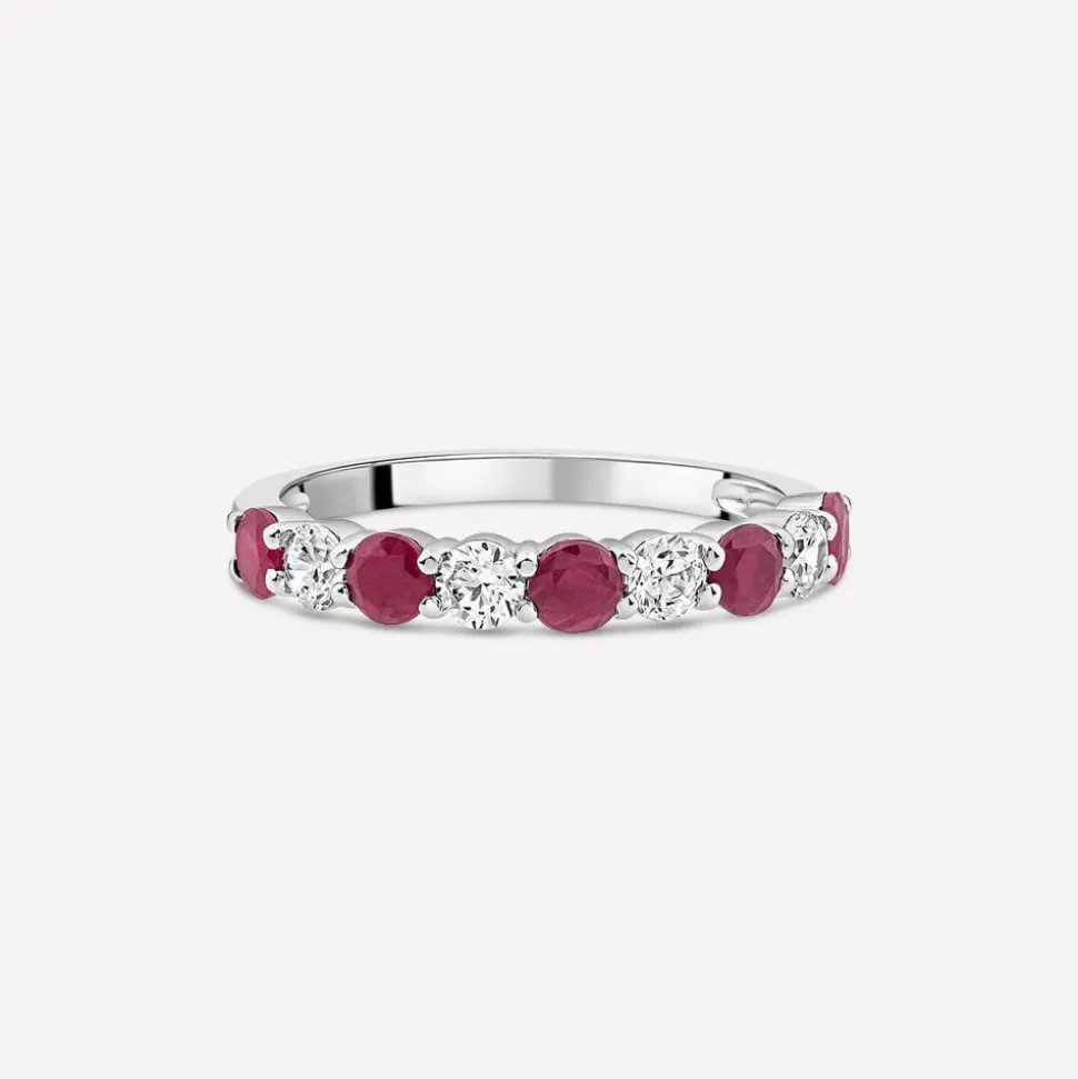Platinum 9 Stones Ruby & 0.38ct Diamond Band Ring