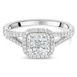 Platinum 1.00CT Diamond Cushion Cluster Split Shoulder Ring