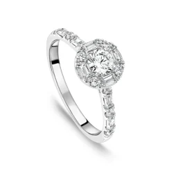 Platinum 0.75ct Diamond Round Centre Baguette Halo & Shoulders Ring