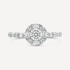 Platinum 0.75ct Diamond Round Centre Baguette Halo & Shoulders Ring