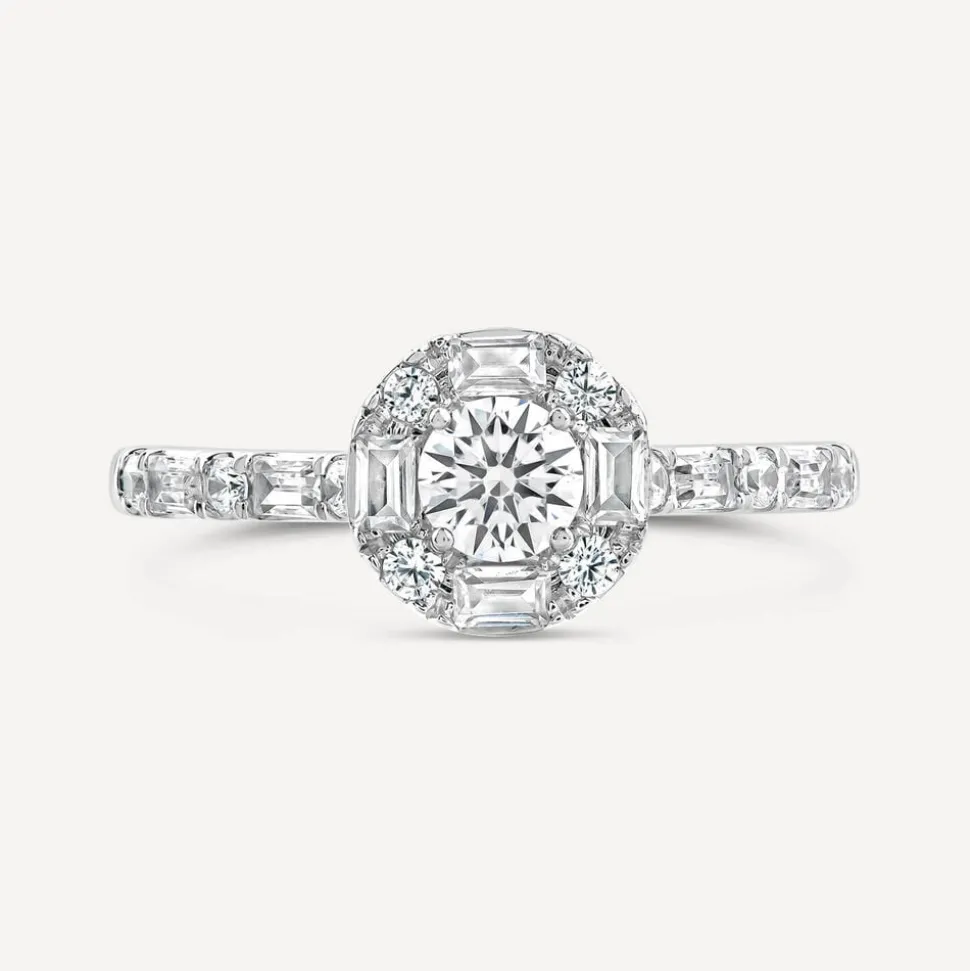 Platinum 0.75ct Diamond Round Centre Baguette Halo & Shoulders Ring