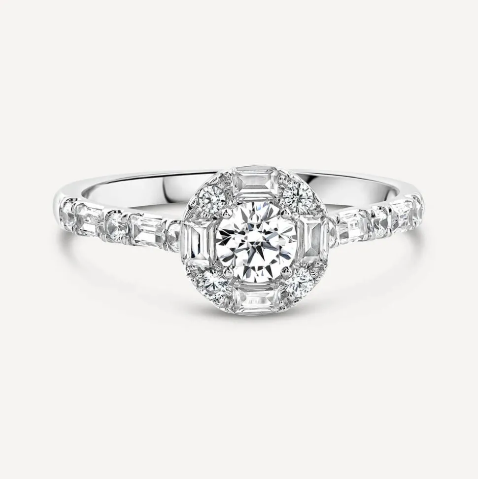 Platinum 0.75ct Diamond Round Centre Baguette Halo & Shoulders Ring