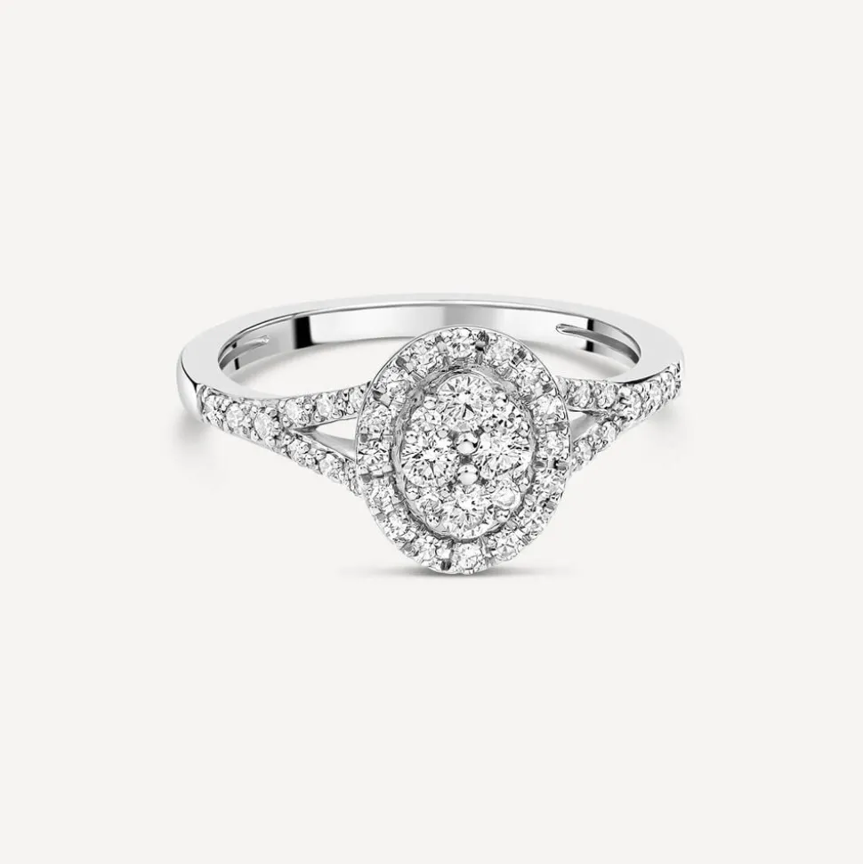 Platinum 0.37ct Oval Diamond Cluster Open Diamond Shoulders Ring