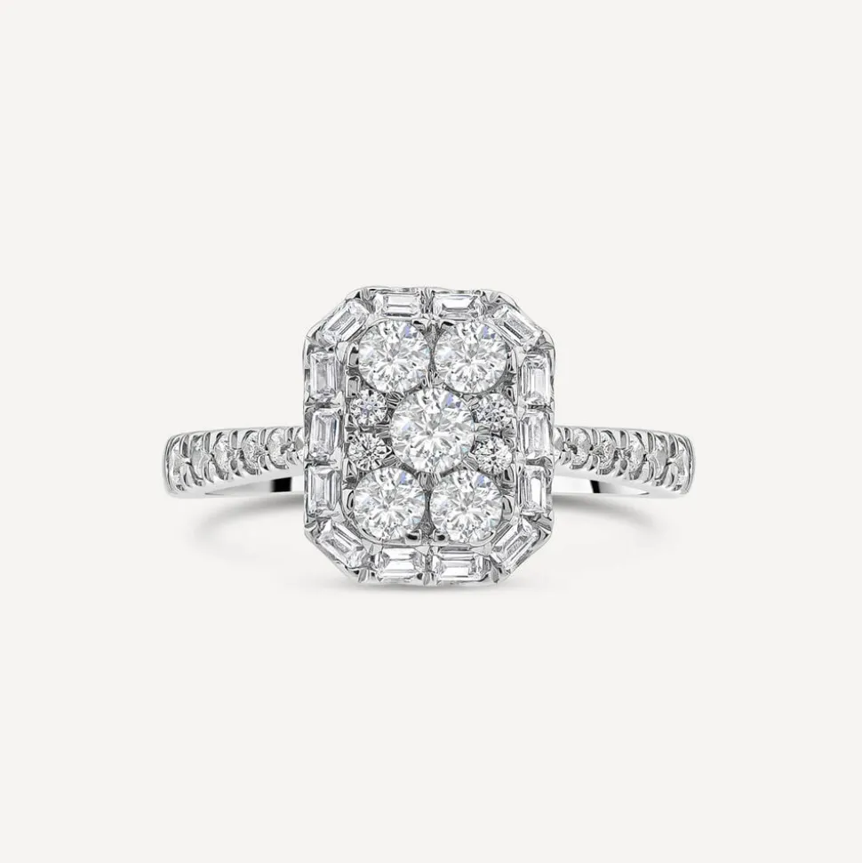Platinum 0.75ct Rectangular Cluster Diamond Baguette Halo & Shoulders Engagement Ring