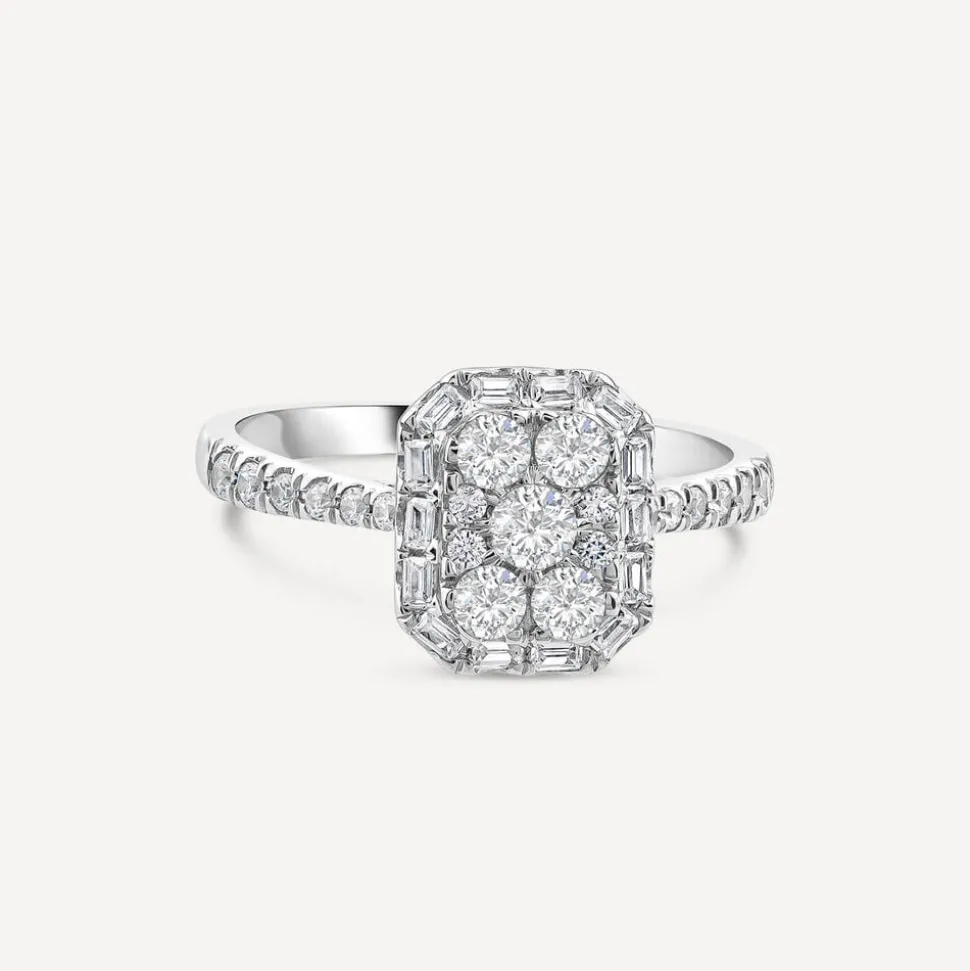 Platinum 0.75ct Rectangular Cluster Diamond Baguette Halo & Shoulders Engagement Ring