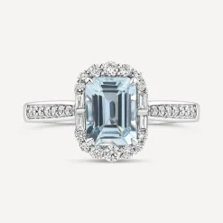 Platinum Emerald Cut Aquamarine Centre 0.33ct Diamond Baguette Brilliant Halo & Shoulders Ring