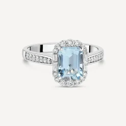 Platinum Emerald Cut Aquamarine Centre 0.33ct Diamond Baguette Brilliant Halo & Shoulders Ring