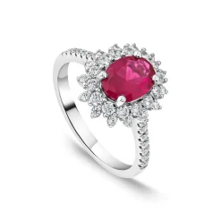 Platinum Oval Synthetic Ruby Centre 0.60ct Diamond Double Halo & Shoulders Ring