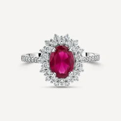 Platinum Oval Synthetic Ruby Centre 0.60ct Diamond Double Halo & Shoulders Ring