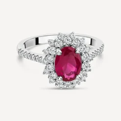 Platinum Oval Synthetic Ruby Centre 0.60ct Diamond Double Halo & Shoulders Ring