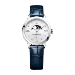 Pre-Owned Baume & Mercier Classima 31mm White Moonphase Dial Diamond Dots Leather Strap Watch