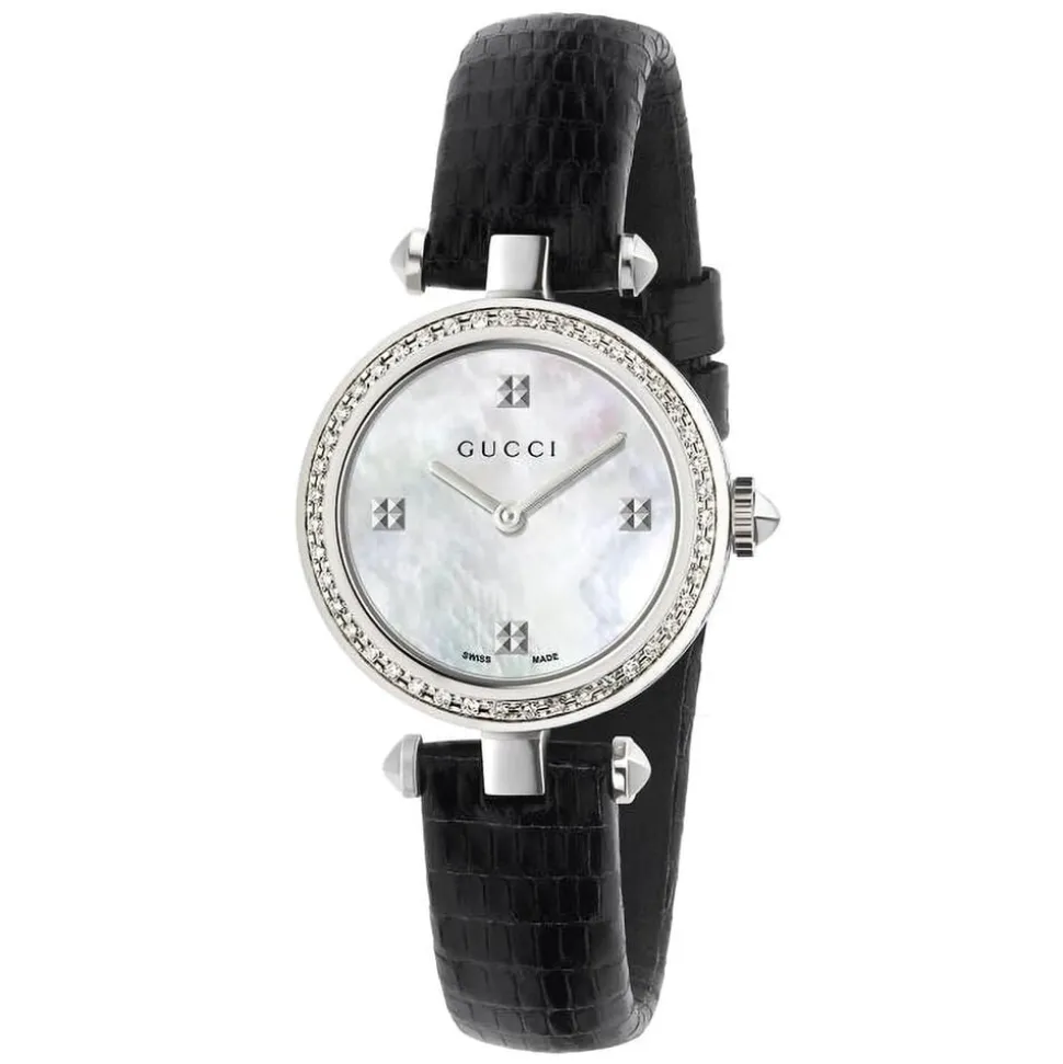 Pre-Owned Gucci Diamantissima 27mm MOP Dial Diamond Black Leather Strap Watch