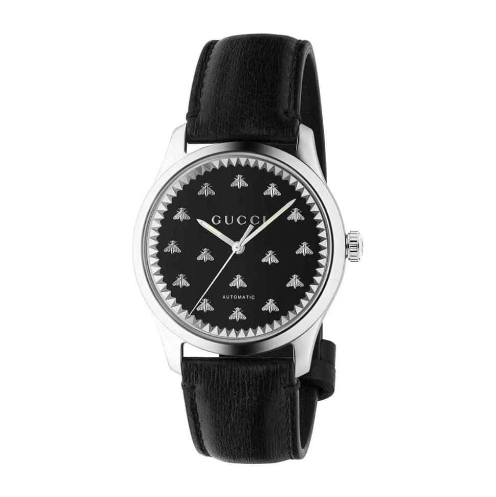 Pre-Owned Gucci G-Timeless 42mm Black Onyx Dial Black Leather Strap Watch