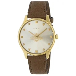 Pre-Owned Gucci G-Timeless 36mm Silver Dial Brown Leather Strap Watch