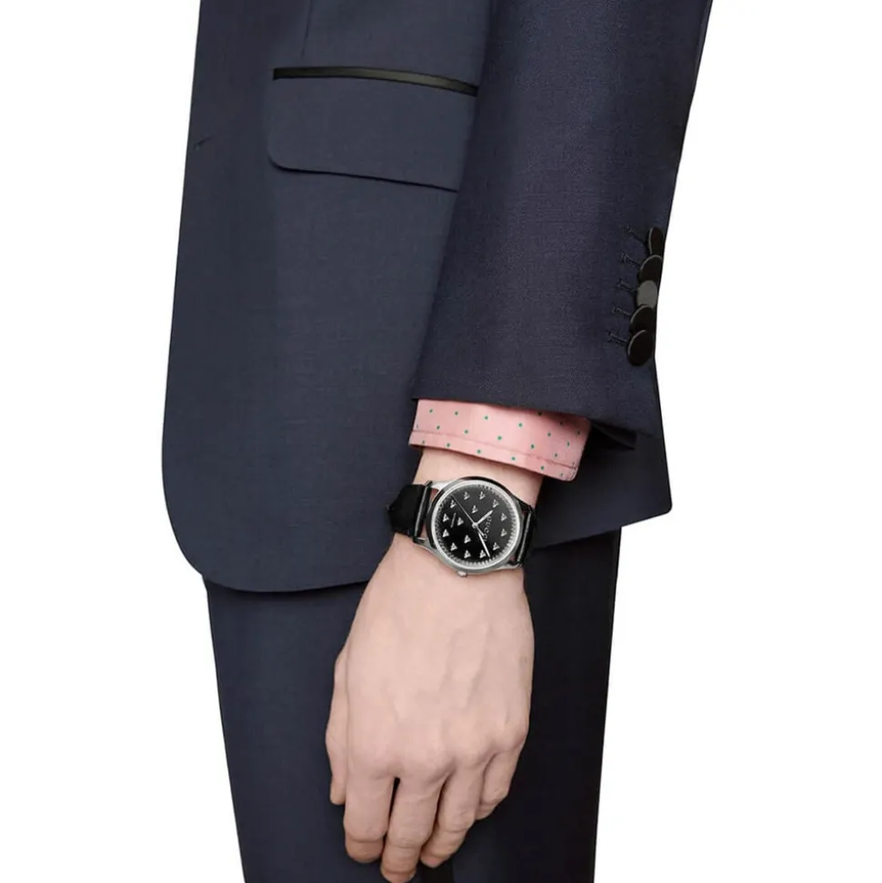 Pre-Owned Gucci G-Timeless 42mm Black Onyx Dial Black Leather Strap Watch
