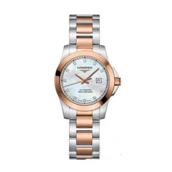 Pre-Owned Longines Conquest 35mm MOP Dial 18ct Rose Gold Plated Steel Bracelet Watch