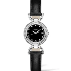 Pre-Owned Longines Equestrian Stirrup 26.5mm Black Dial Diamond Dots Leather Strap Watch