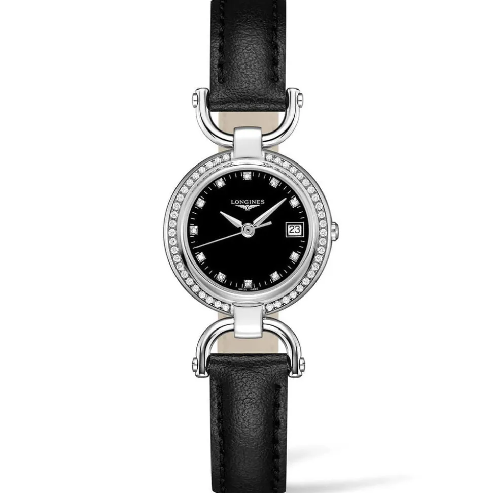 Pre-Owned Longines Equestrian Stirrup 26.5mm Black Dial Diamond Dots Leather Strap Watch