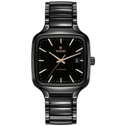 Rado True Square Black Dial Rose Gold Index Ceramic Case Watch