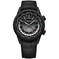 Raymond Weil Freelancer GMT 40.5mm Black Dial Leather Strap Watch