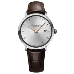 Raymond Weil Toccata Silver and Rose Gold Baton Dial with Brown Strap Watch