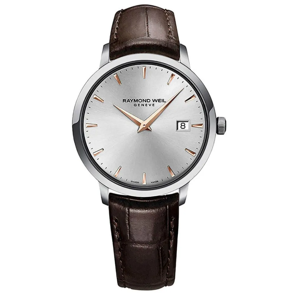 Raymond Weil Toccata Silver and Rose Gold Baton Dial with Brown Strap Watch