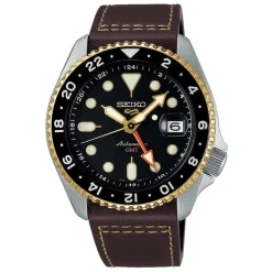 Seiko 5 Sports SKX GMT Mocha 42.5mm Black Dial Brown Leather Strap Watch