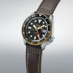 Seiko 5 Sports SKX GMT Mocha 42.5mm Black Dial Brown Leather Strap Watch