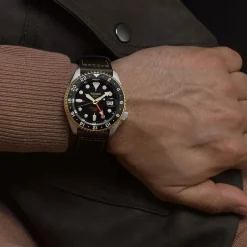 Seiko 5 Sports SKX GMT Mocha 42.5mm Black Dial Brown Leather Strap Watch