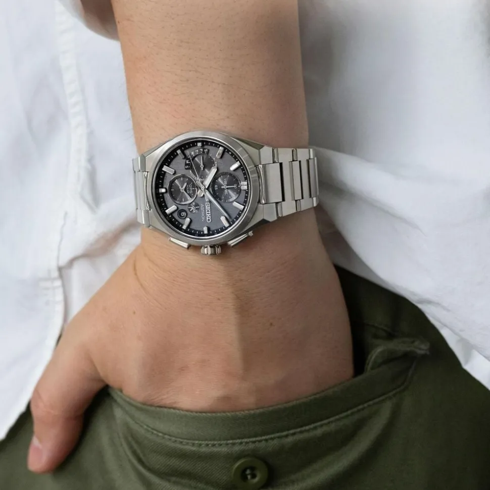 Seiko Astron GPS Solar 5X Dual-Time Chronograph Celestial Grey Dial Titanium Bracelet Watch