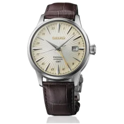 Seiko Presage Cocktail Time 'Acacia' GMT 40.5mm Gradation Yellow Dial Brown Leather Strap Watch