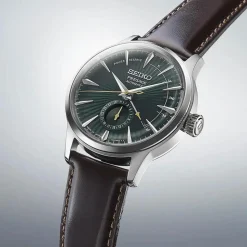 Seiko Presage Cocktail Time &lsquo;Mockingbird&rsquo; 40.5mm Green Dial Brown Strap Watch