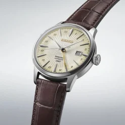 Seiko Presage Cocktail Time 'Acacia' GMT 40.5mm Gradation Yellow Dial Brown Leather Strap Watch