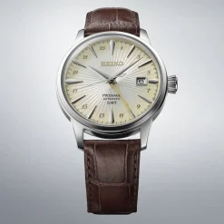 Seiko Presage Cocktail Time 'Acacia' GMT 40.5mm Gradation Yellow Dial Brown Leather Strap Watch