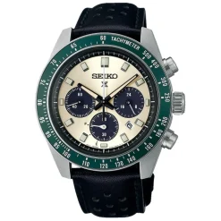 Seiko Prospex Racing Sports Solar Speedtimer 41.4mm Ivory Dial Black Leather Strap Watch
