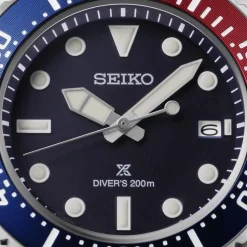 Seiko Prospex Solar Diver&rsquo;s 41mm Blue Dial Red & Blue Bezel Stainless Steel Bracelet Watch