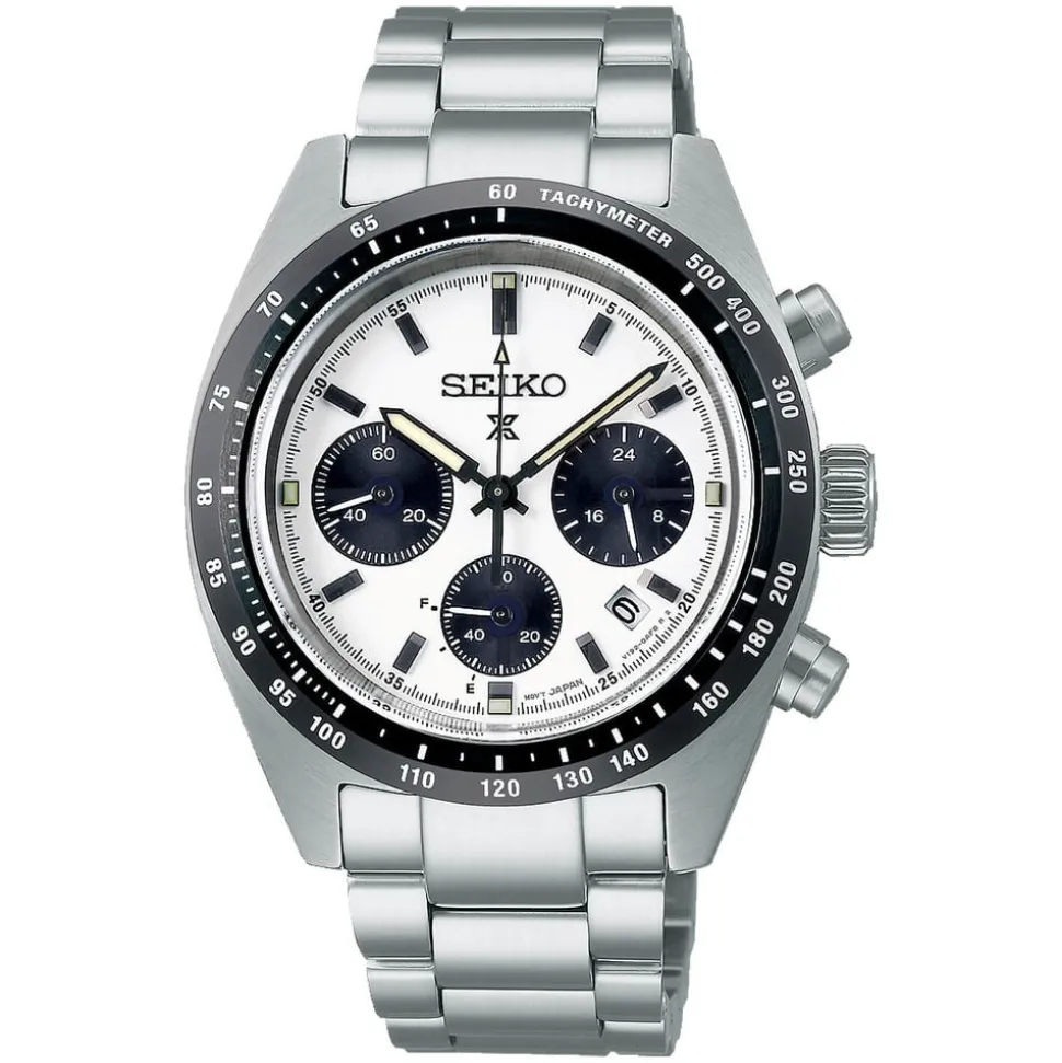 Seiko Prospex Speedtimer Solar 39mm Chronograph White Dial Steel Case Bracelet Watch