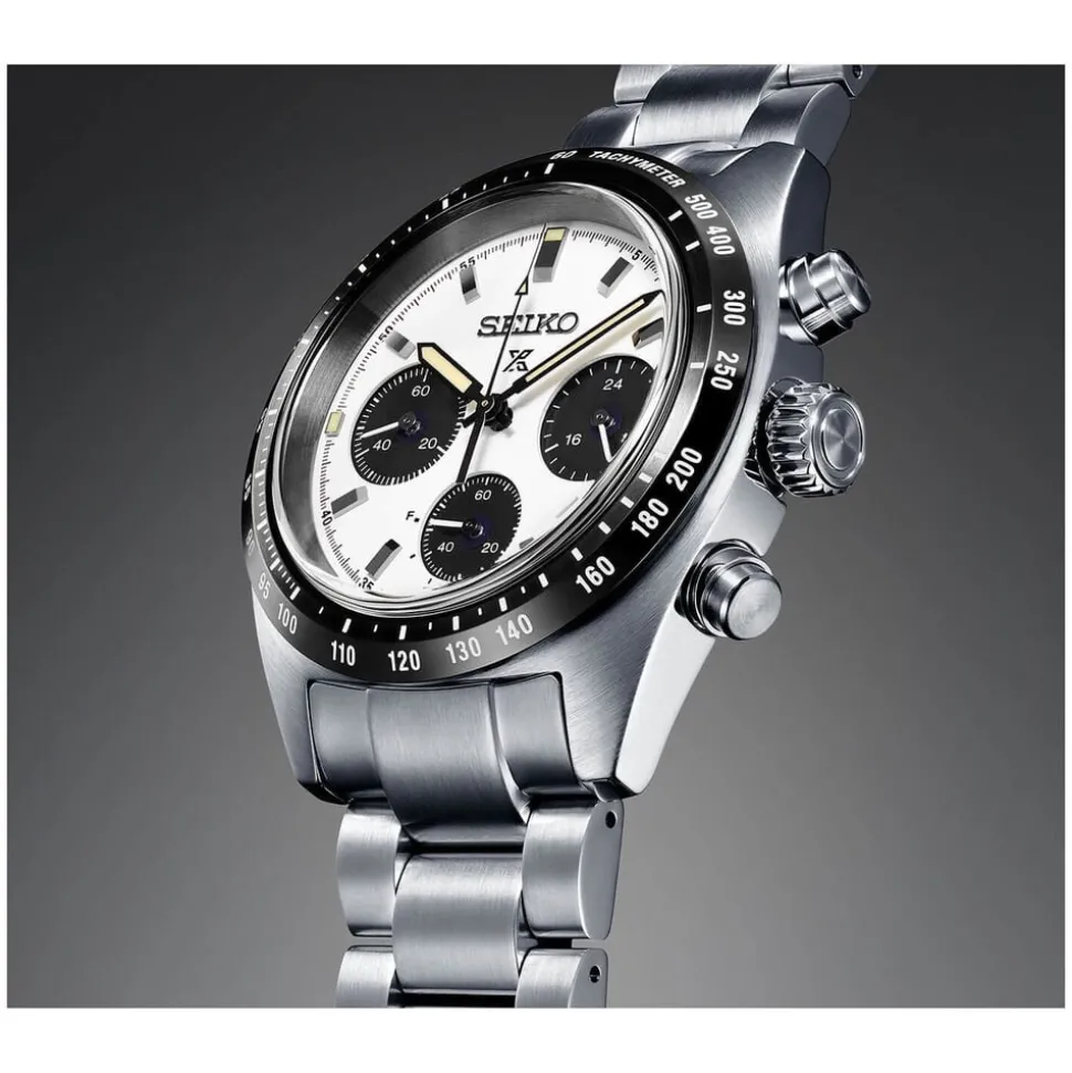 Seiko Prospex Speedtimer Solar 39mm Chronograph White Dial Steel Case Bracelet Watch