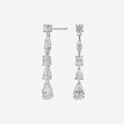 Silver 5 Stone Cubic Zirconia Pear & Marquise & Oval Drop Earrings