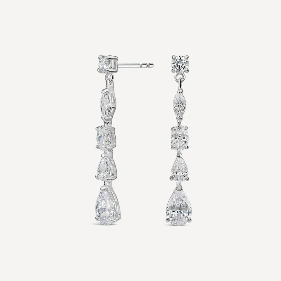 Silver 5 Stone Cubic Zirconia Pear & Marquise & Oval Drop Earrings