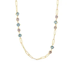 Silver & Yellow Gold Plated Coloured Stones Stationed Paperlink Necklet