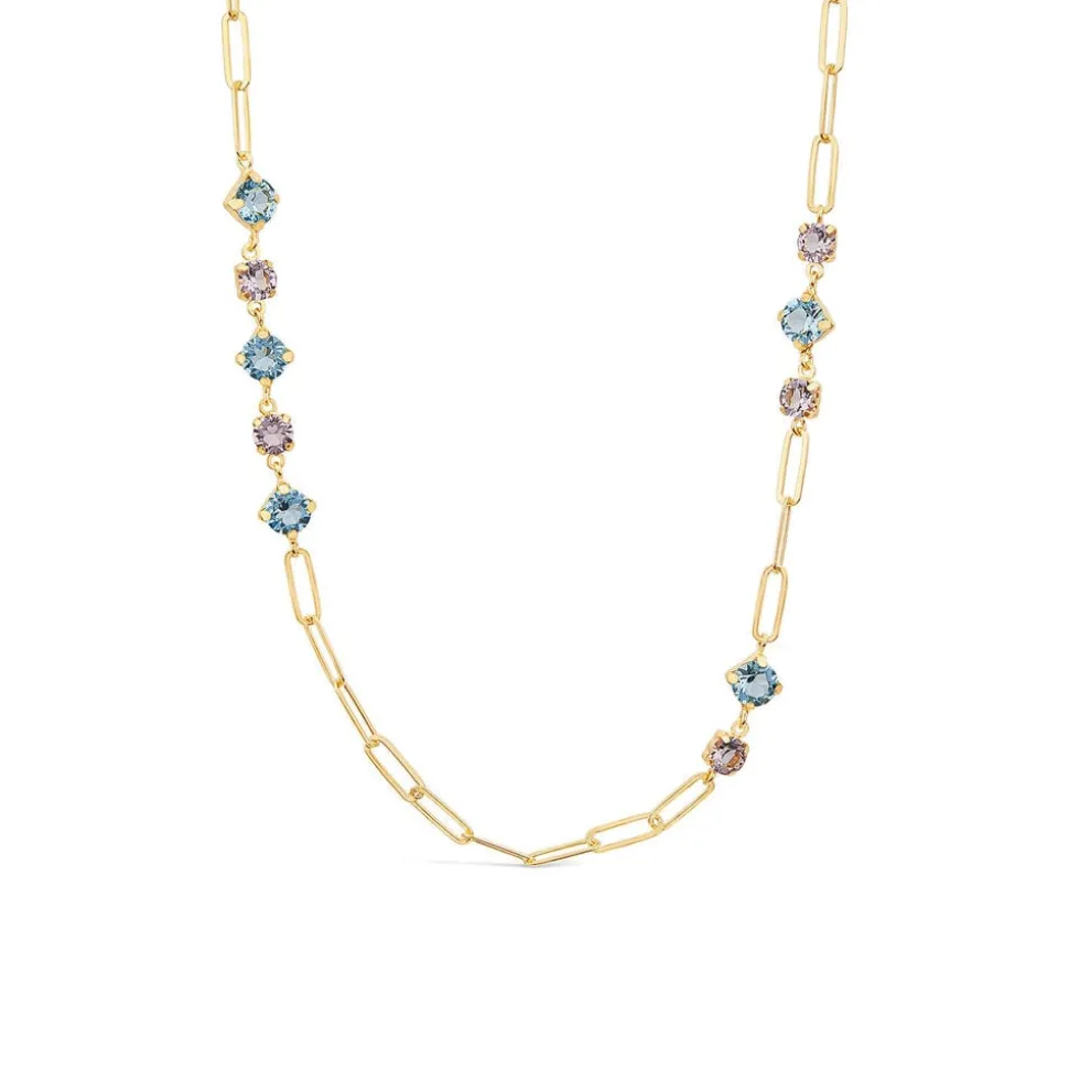 Silver & Yellow Gold Plated Coloured Stones Stationed Paperlink Necklet